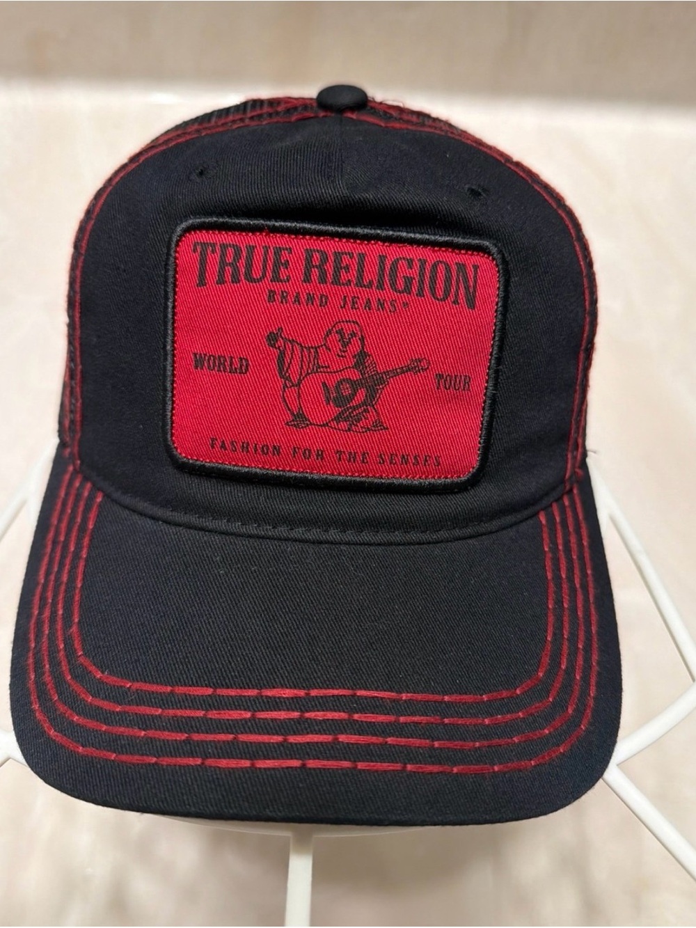True Religion Black and Red Logo Patch Trucker Hat